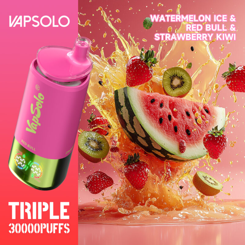 Pink and green VapSolo disposable vape labeled Red Bull beside a splash of watermelon, strawberries, and kiwi, highlighting Triple 30,000 puffs and flavors Watermelon Ice, Red Bull, and Strawberry Kiwi.