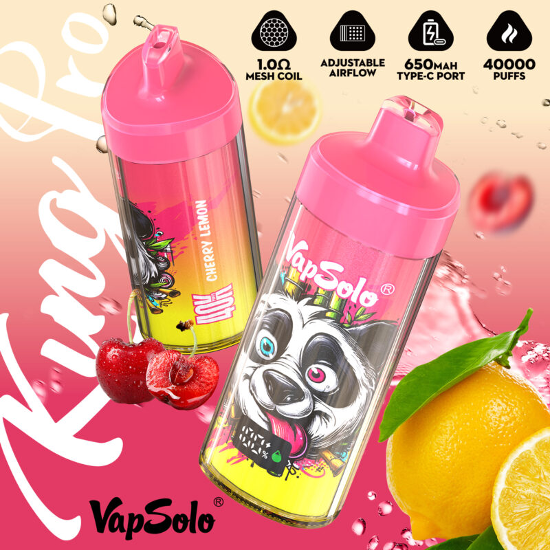 Two pink‑cap VapSolo King Pro disposable vapes in Cherry Lemon flavor with panda artwork, shown with cherries, lemons, and feature icons for 1.0Ω mesh coil, adjustable airflow, 650mAh Type‑C, and 40,000 puffs.
