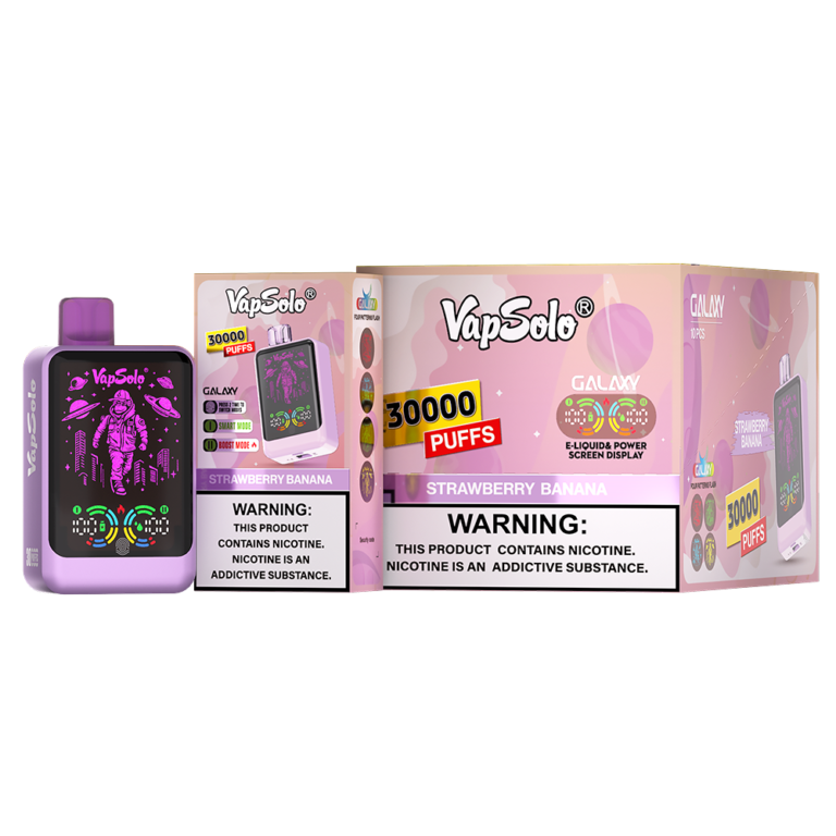 VapSolo Galaxy disposable vape with 30,000 puffs, featuring a delightful Strawberry Banana flavor, and an e-liquid and power screen display.