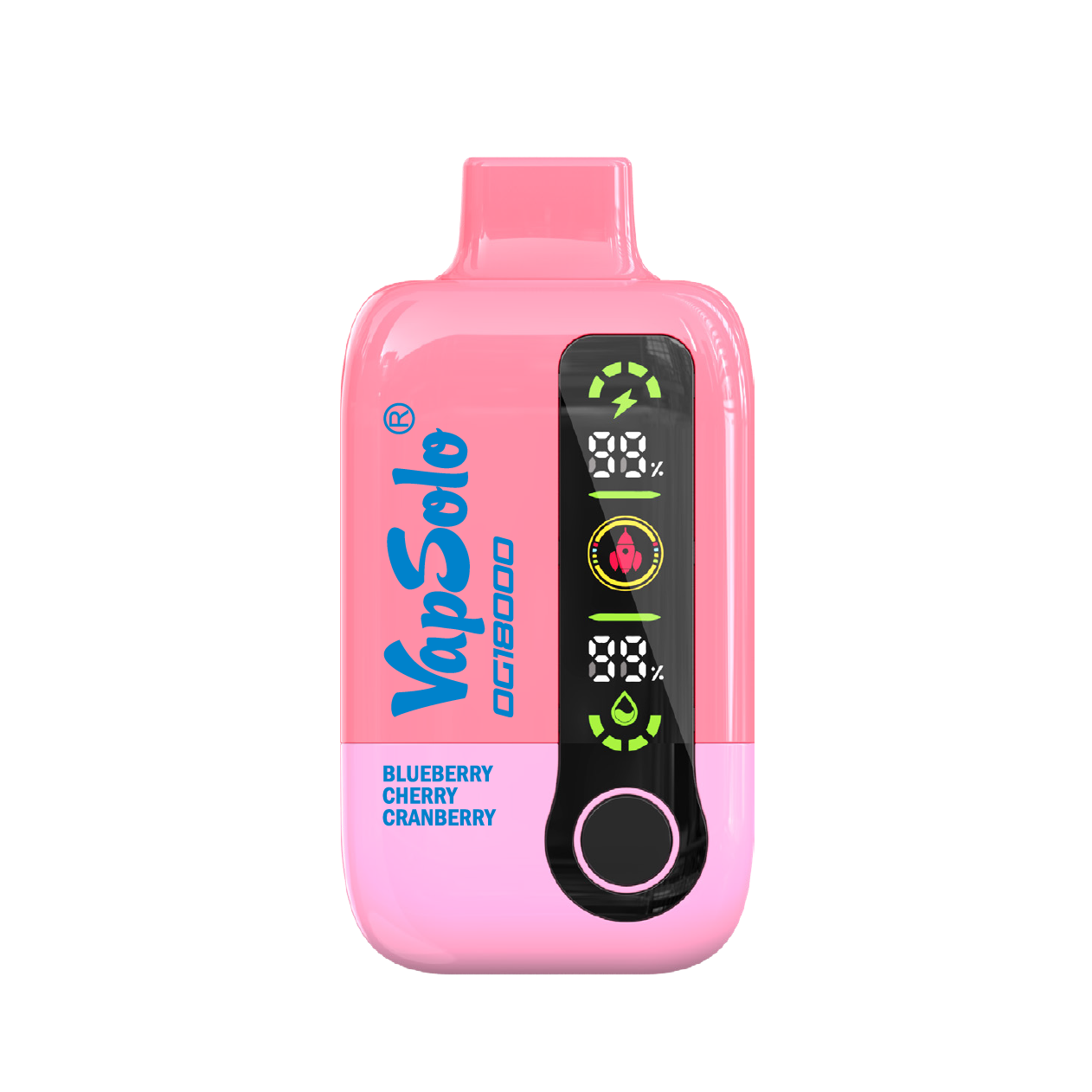 Pink VapSolo OG18000 vape device with blueberry, cherry, and cranberry flavors displayed.