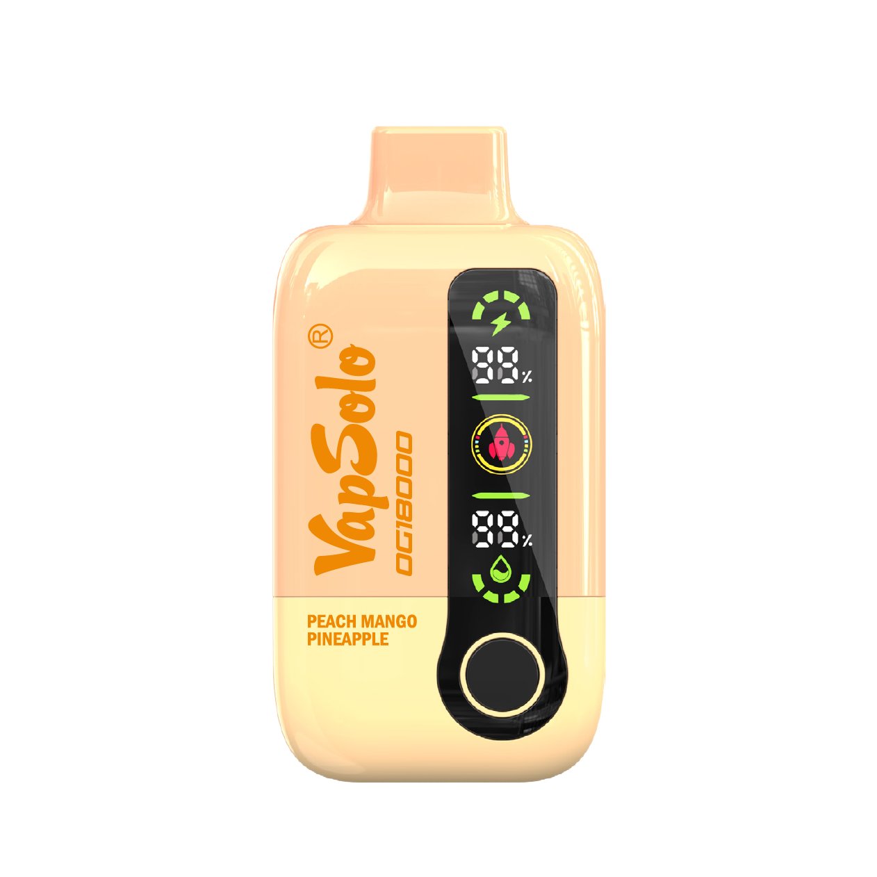 VapSolo disposable vape with peach mango pineapple flavor, featuring a sleek digital display.