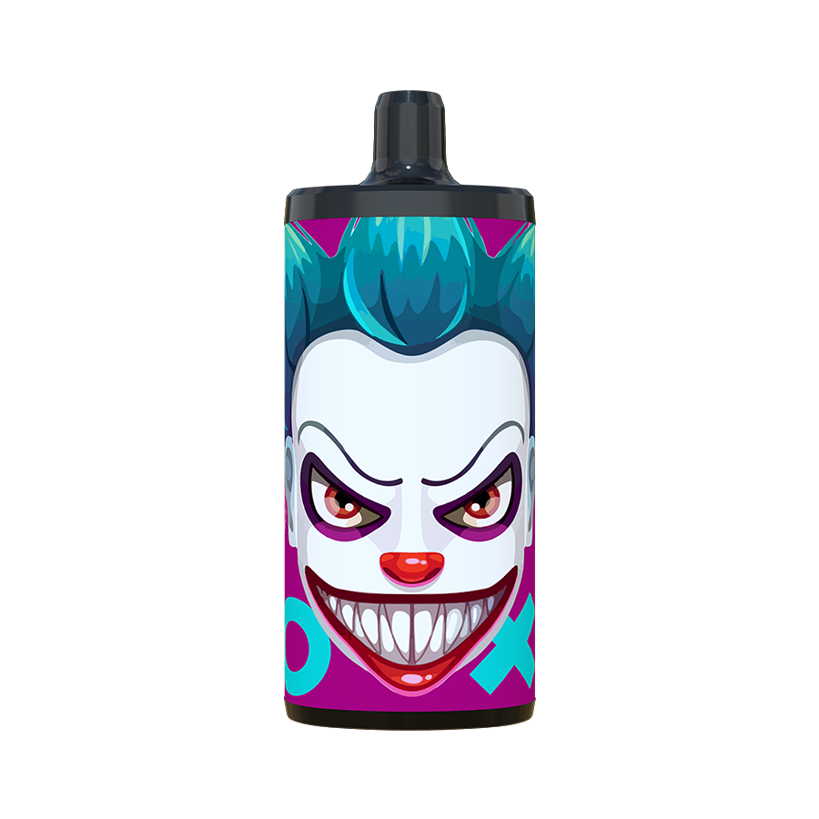 Colorful vape device featuring a sinister joker face design with bright blue hair and menacing red eyes.