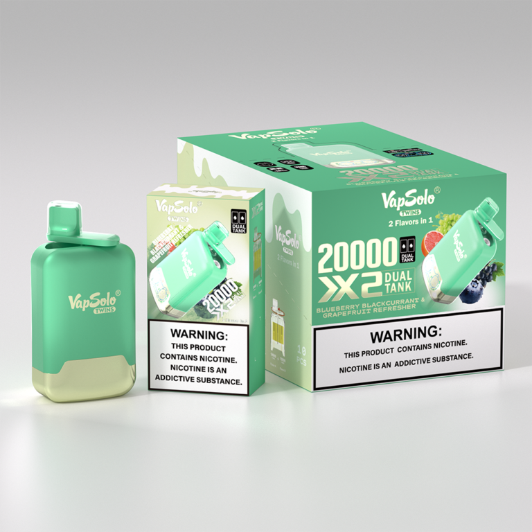 VapSolo Twins disposable vape featuring 20000 puffs with dual tank flavors of blueberry blackcurrant and grapefruit refresher, alongside its packaging.