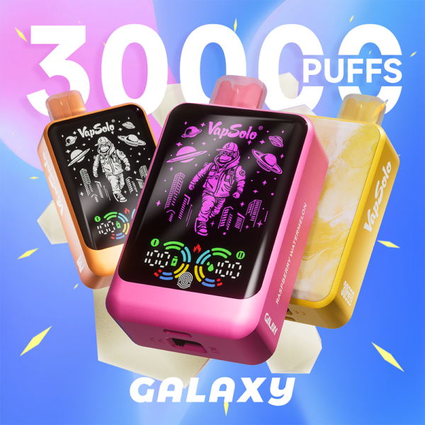 Colorful VapSolo Galaxy disposable vapes featuring 3000 puffs, with vibrant design including an astronaut and cityscape.