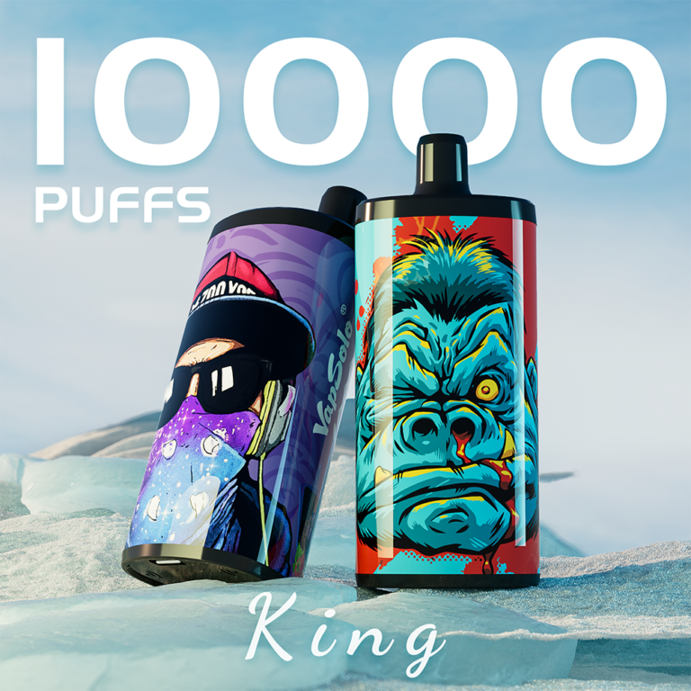 Two VapeSolo King disposable vape devices on a serene icy background, featuring vibrant artwork designs with text indicating 10000 puffs.