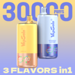 Two VapSolo disposable vapes on a pastel gradient background highlighting 3000 puffs and “3 flavors in 1,” with Strawberry Raspberry and Love 66 options.