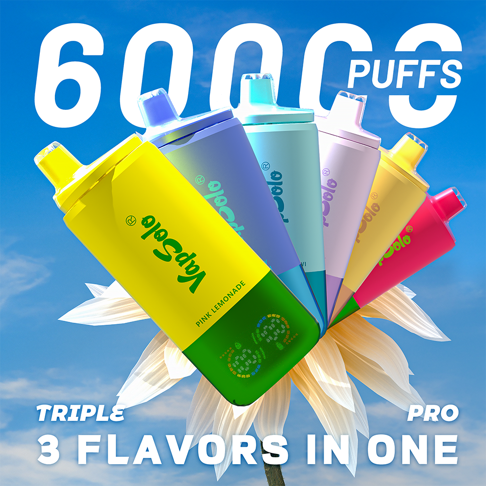 Fan display of colorful VapSolo Triple Pro disposable vapes against a blue sky, highlighting 6000 puffs and three‑flavors‑in‑one feature.