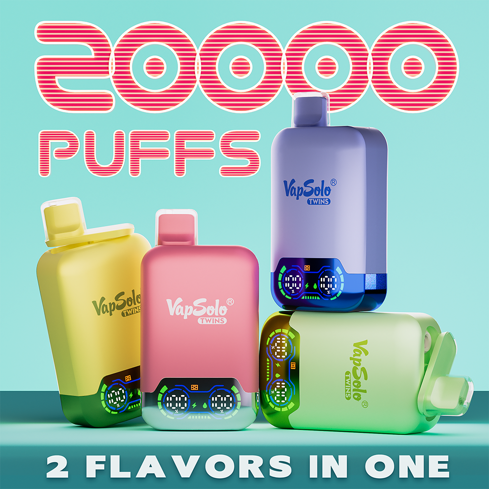 Colorful VapSolo Twins disposable vapes showing “20000 puffs” text and “2 flavors in one” feature with four pastel devices.