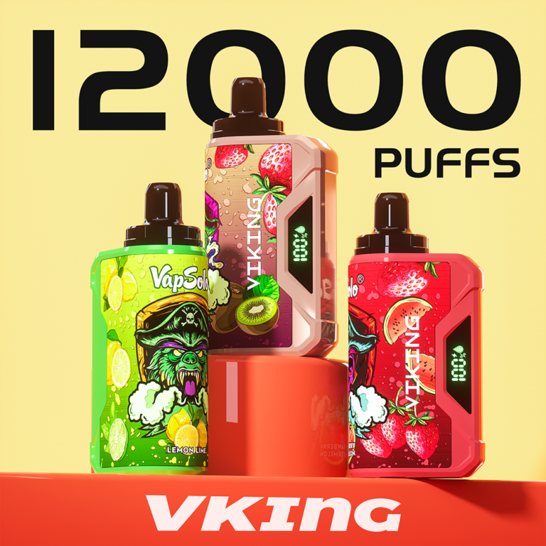 VKING vape devices featuring 12000 puff capacity with vibrant designs, including lemon lime and strawberry kiwi flavors on a yellow background.