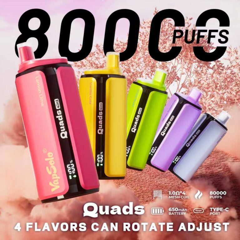 Row of colorful VapSolo Quads disposable vapes with “8000 puffs” text, highlighting 4 rotating flavors, mesh coil, 650mAh battery, and Type‑C charging.