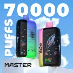 Two VapSolo MASTER disposable vape devices on pedestals against a blue sky, showing “70000 puffs” text and ocean-themed graphics with whale and jellyfish.