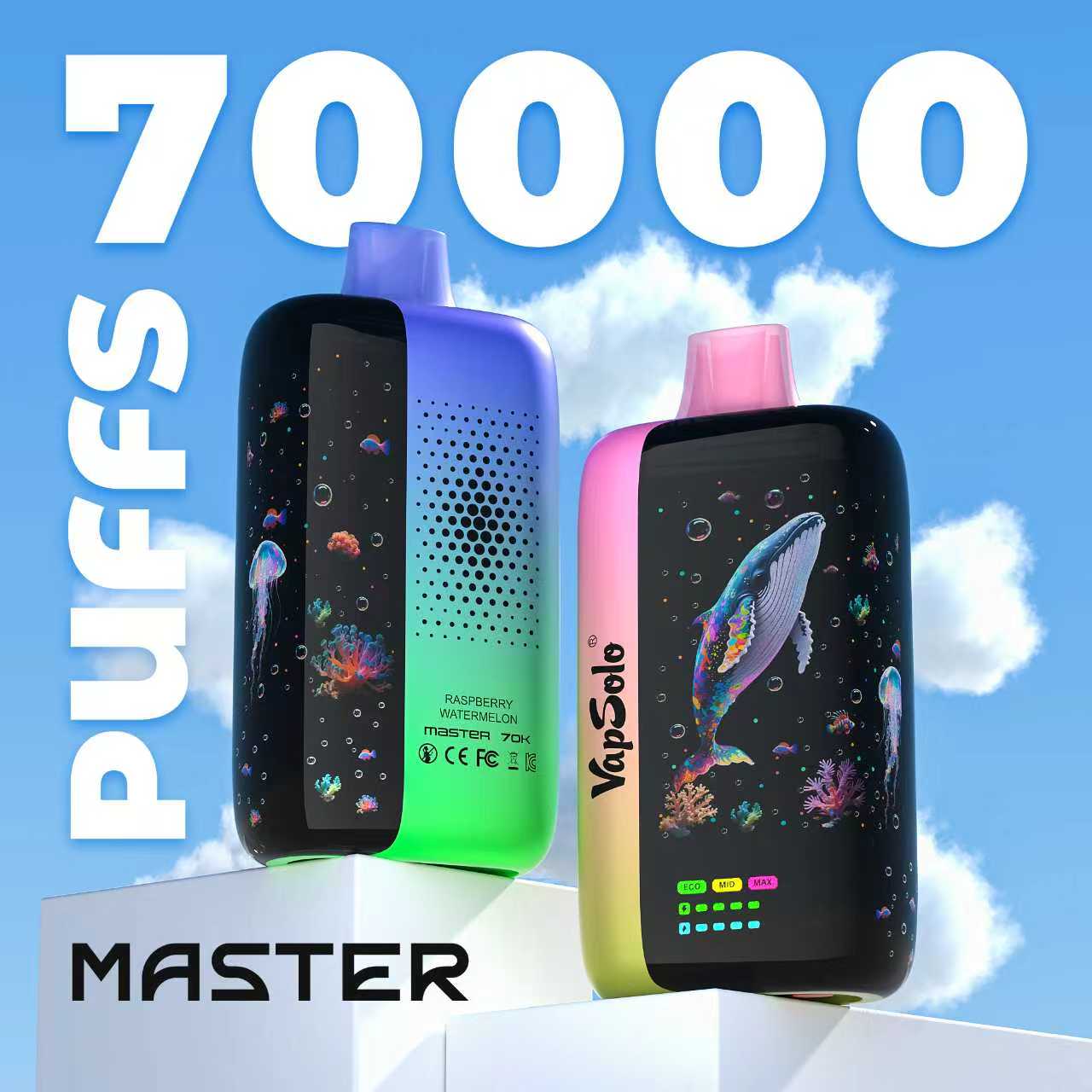 Two VapSolo MASTER disposable vape devices on pedestals against a blue sky, showing “70000 puffs” text and ocean-themed graphics with whale and jellyfish.