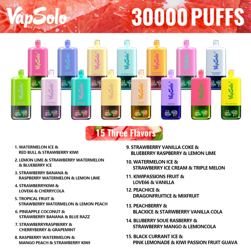 Színes VapSolo eldobható vape-ek egy sorban, 30 000 slukk kiemelésével és 15 tripla ízkombináció listájával.