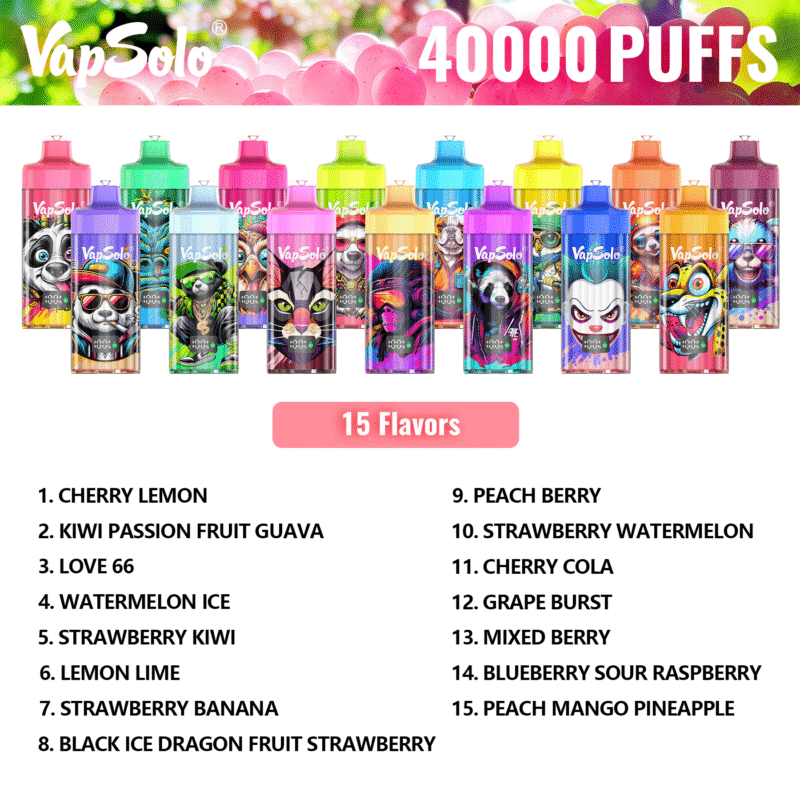 Les dispositifs de vapotage jetables VapSolo offrent 40&nbsp;000 bouffées et proposent 15 saveurs uniques, dont Cerise Citron, Fraise Kiwi et Pêche Mangue Ananas.