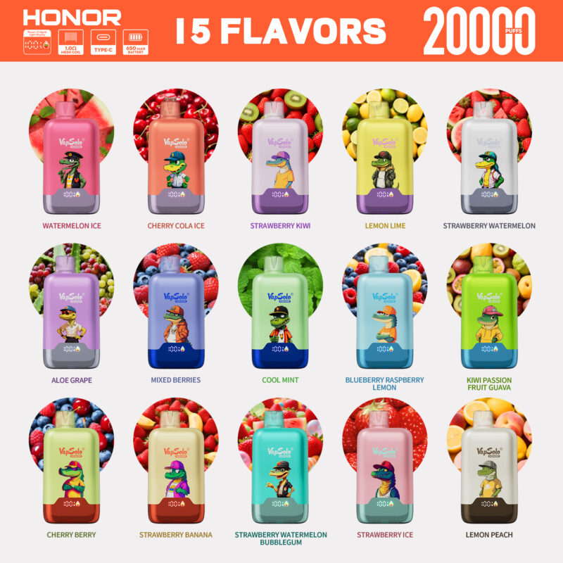 Cuadrícula que muestra 15 sabores de vapeadores desechables VapSolo Honor de 20,000 inhalaciones con dispositivos coloridos y fondos de frutas, incluyendo Watermelon Ice, Cherry Cola Ice, Strawberry Kiwi, Lemon Lime, Aloe Grape, Mixed Berries, Cool Mint, Blueberry Raspberry Lemon, Kiwi Passion Fruit Guava, Cherry Berry, Strawberry Banana, Strawberry Watermelon Bubblegum, Strawberry Ice, Lemon Peach y Strawberry Watermelon.