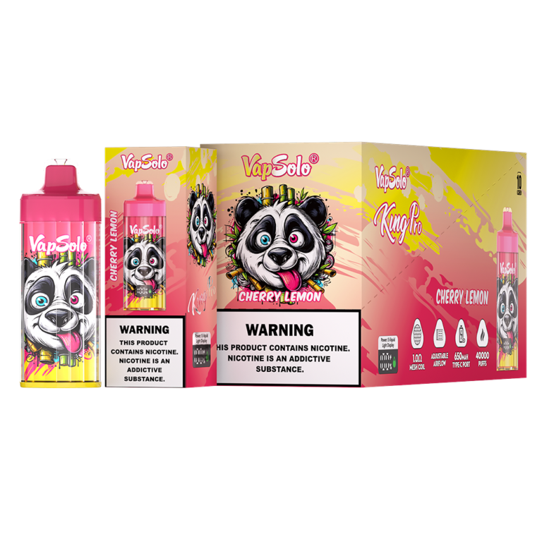 VapSolo King Pro disposable vape with 40,000 puffs, offering a delicious Cherry Lemon flavor, featuring a 1.0ml new coil and adjustable airflow.