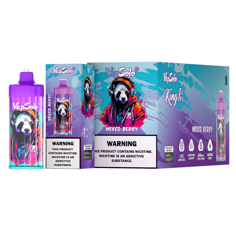 VapSolo King Pro disposable vape featuring Mixed Berry flavor with 40,000 puffs, adjustable airflow, and 1.0ml mesh coil for a rich, berry-filled vaping experience.