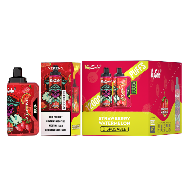 VapSolo Viking disposable vape with 1200 puffs featuring a delicious strawberry and watermelon flavor combination, designed with a vibrant red packaging.
