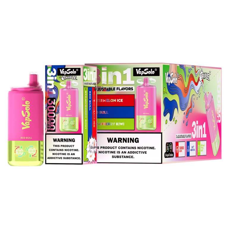 VapSolo 3-in-1 disposable vape with adjustable flavors (Red Bull, Watermelon Ice, Strawberry Kiwi), 3000 puffs, and e-liquid display.