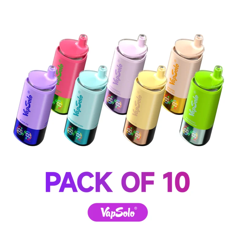 VapSolo disposable vapes in assorted colors and flavors including Black Ice, Strawberry Kiwi, and more, in a pack of 10 units.