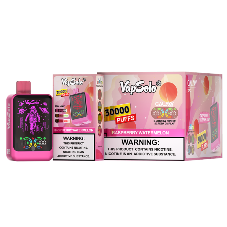 VapSolo Galaxy disposable vape with 30000 puffs featuring a Raspberry Watermelon flavor, an LED screen display, and stylish packaging for a long-lasting, fruity vaping experience.