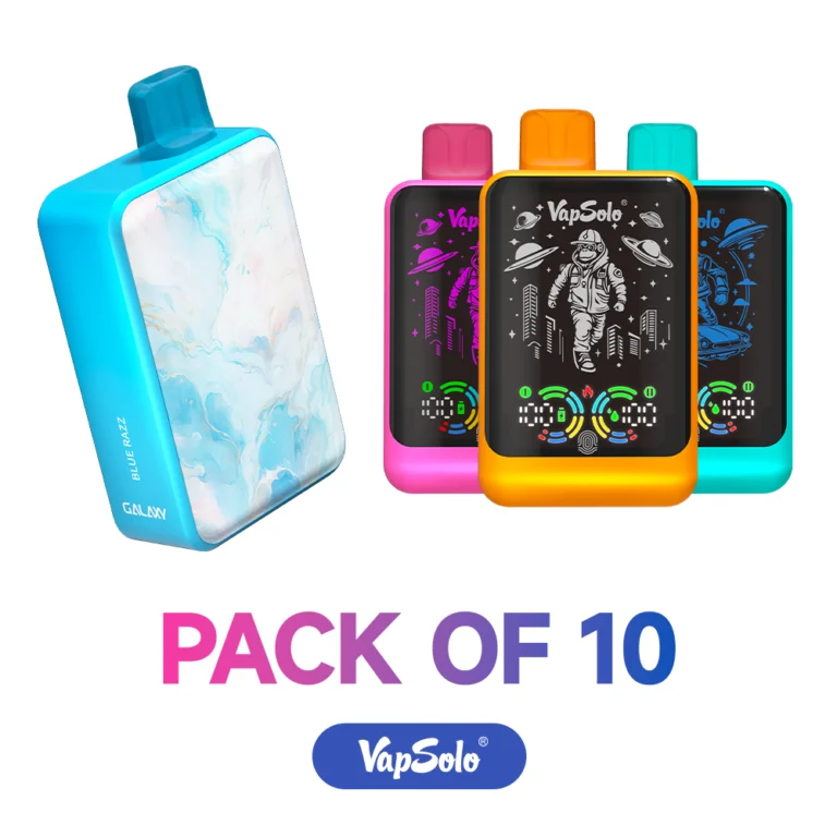 VapSolo Galaxy disposable vape pack of 10 with Blue Razz and Astronaut-themed designs, featuring smooth, satisfying vaping experience.