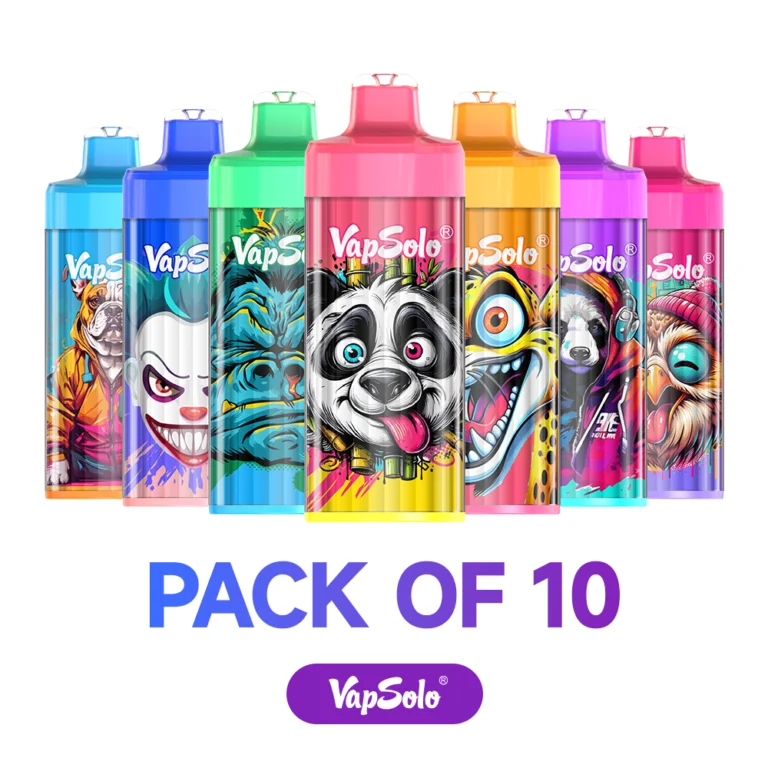 VapSolo King Pro disposable vapes in a pack of 10 with vibrant animal art designs, offering a fun and colorful vaping experience.