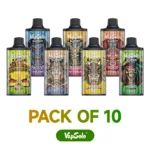 VapSolo Super disposable vape pack of 10 featuring various flavors such as Mixed Berry, Pink Lemonade, Red Bull, Cool Mint, and more. Each vape offers up to 1500 puffs.