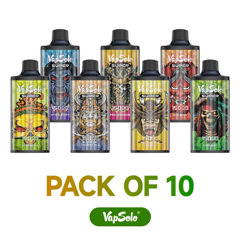 VapSolo Super disposable vape pack of 10 featuring various flavors such as Mixed Berry, Pink Lemonade, Red Bull, Cool Mint, and more. Each vape offers up to 1500 puffs.