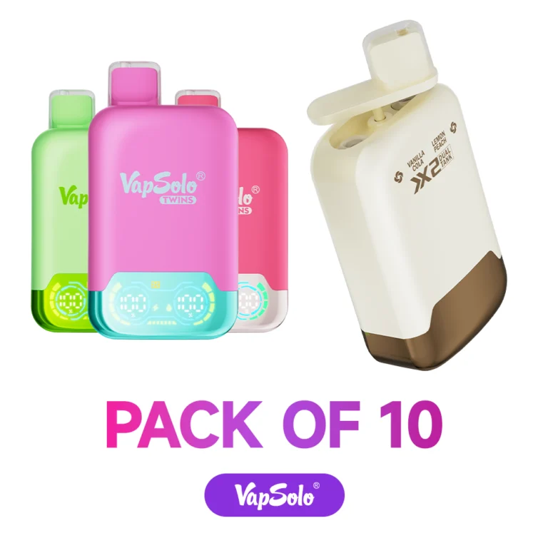 VapSolo Twins disposable vapes with vibrant colors in a pack of 10, offering a unique dual flavor experience.
