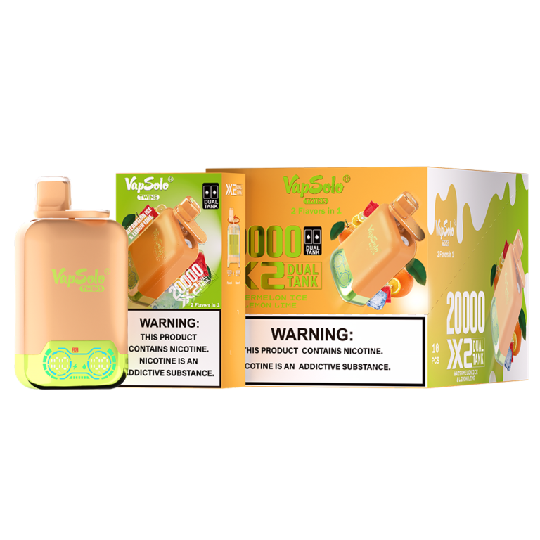 VapSolo Twins disposable vapes with dual tanks offering 20,000 puffs, featuring flavors like Watermelon Ice and Lemon Lime in a pack of 10.