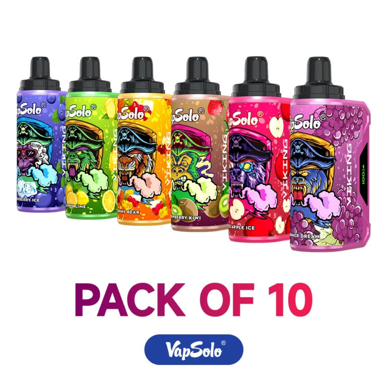 VapSolo Viking disposable vape pack of 10 featuring Blueberry Ice, Lemon Lime, Gummy Bear, Strawberry Kiwi, Apple Ice, and Summer Dream flavors with 1000 puffs each.