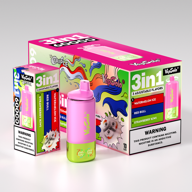 Titre&nbsp;: Boîte de vape jetable Vapsolo 3-en-1 avec saveurs ajustables. Texte alternatif&nbsp;: Image de l’emballage de la vape jetable Vapsolo 3-en-1 présentant des saveurs ajustables&nbsp;: Pastèque glacée, Red Bull et Fraise-Kiwi, avec un avertissement indiquant la teneur en nicotine. Légende&nbsp;: Découvrez la vape jetable Vapsolo 3-en-1 et ses trois saveurs ajustables pour une expérience de vapotage personnalisée. Description&nbsp;: Cette image présente la vape jetable Vapsolo 3-en-1, mettant en avant son emballage coloré et ses saveurs ajustables&nbsp;: Pastèque glacée, Red Bull et Fraise-Kiwi. La vape et son emballage arborent un design coloré, soulignant la polyvalence et l’attrait du produit. Des avertissements bien visibles indiquent la teneur en nicotine, conformément à la réglementation en vigueur. Nom du fichier image&nbsp;: vapsolo-3in1-disposable-vape-flavors.jpg