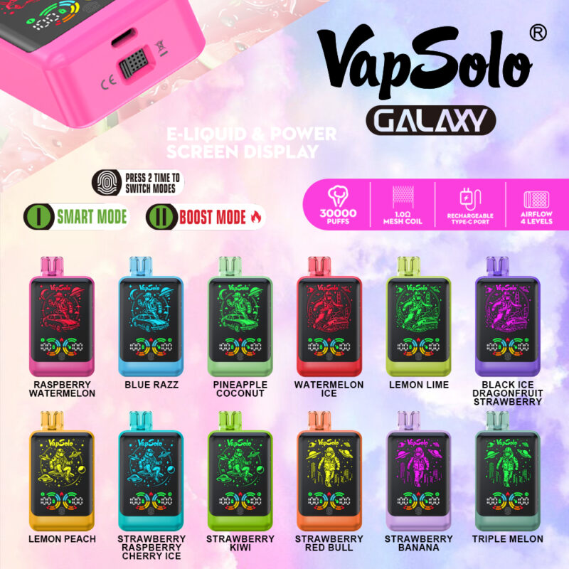 Abbildung der VapSolo Galaxy Vape-Kollektion mit verschiedenen E-Liquid-Aromen wie Himbeer-Wassermelone und Blaue Himbeere sowie einer Anzeige des E-Liquid-Füllstands.