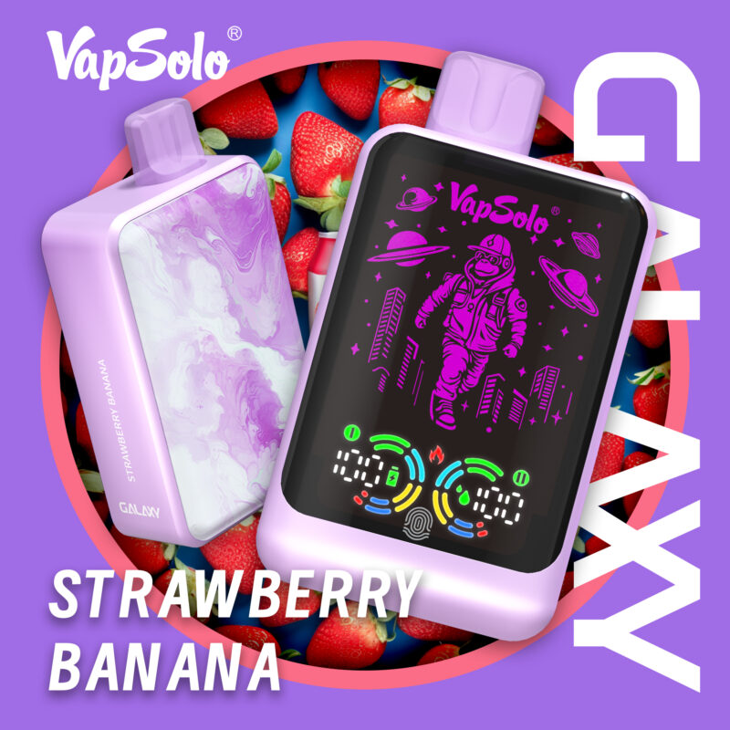 VapSolo Galaxy E-Zigarette mit Erdbeer-Bananen-Geschmack und leuchtend lila Astronauten-Design.