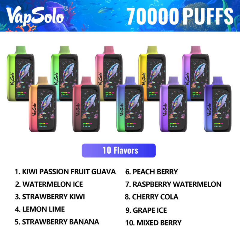 Dispositivos de vapeo VapSolo surtidos con 10 sabores distintos, que ofrecen 70000 bocanadas cada uno.
