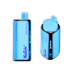 A kék VapSolo Quads 4 az 1-ben eldobható vape két nézete, rózsaszín limonádé és kivi maracuja guava ízű címkékkel, digitális akkumulátorjelzővel.