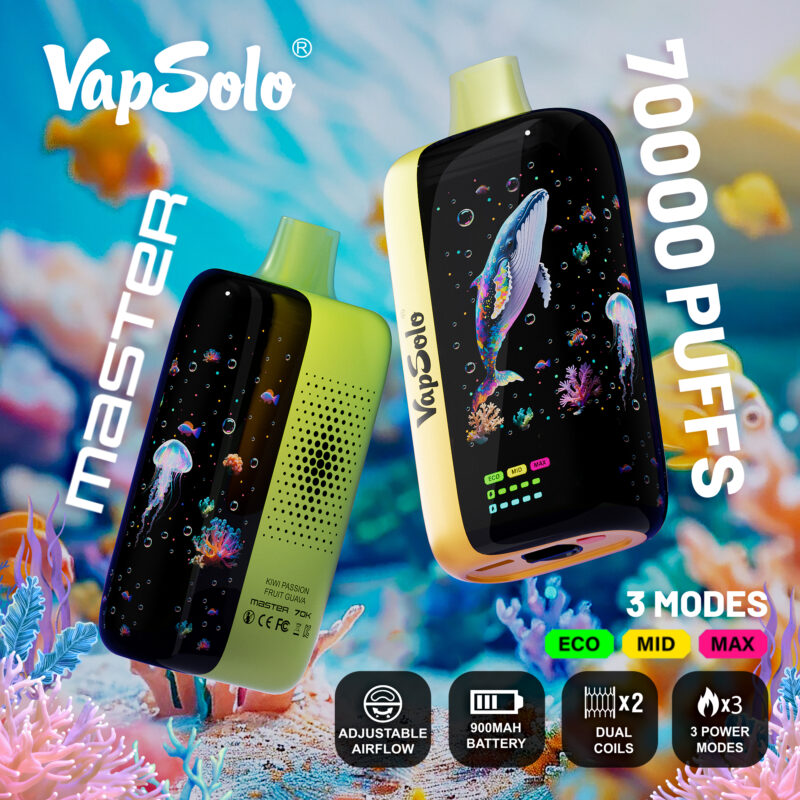 Dos vaporizadores desechables VapSolo Master con pantallas LED con temática oceánica, que destacan 70,000 inhalaciones, flujo de aire ajustable, batería de 900 mAh, resistencias de malla dobles y tres modos de potencia (Eco, Medio, Máximo).